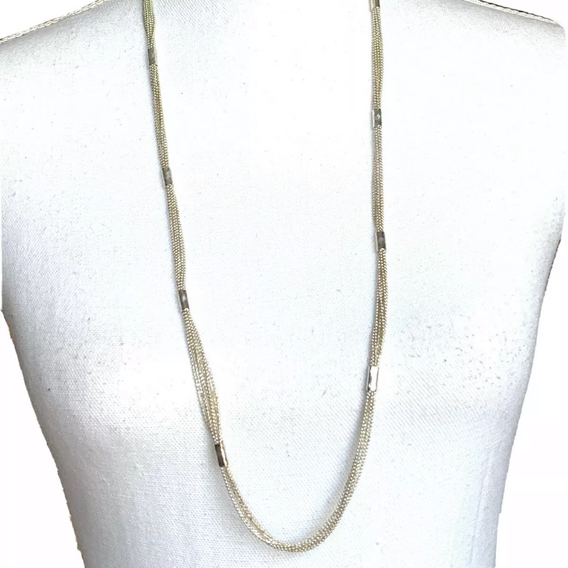Statement Necklace Silver Tone Multi-Strand Bead Chains Long